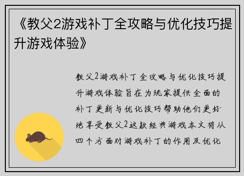 《教父2游戏补丁全攻略与优化技巧提升游戏体验》