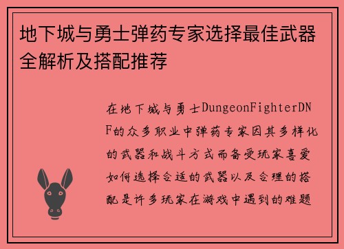 地下城与勇士弹药专家选择最佳武器全解析及搭配推荐